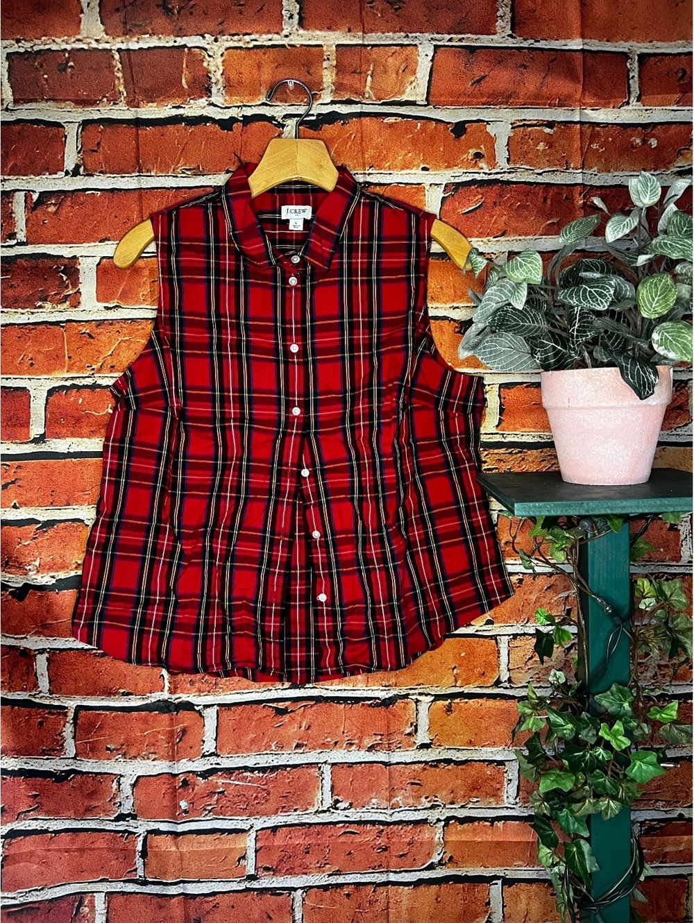 J.Crew Red and Green Plaid Button Down Tank Top Blouse